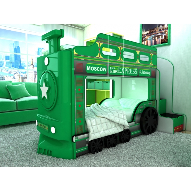 Двухъярусная кровать машина Паровоз зеленый